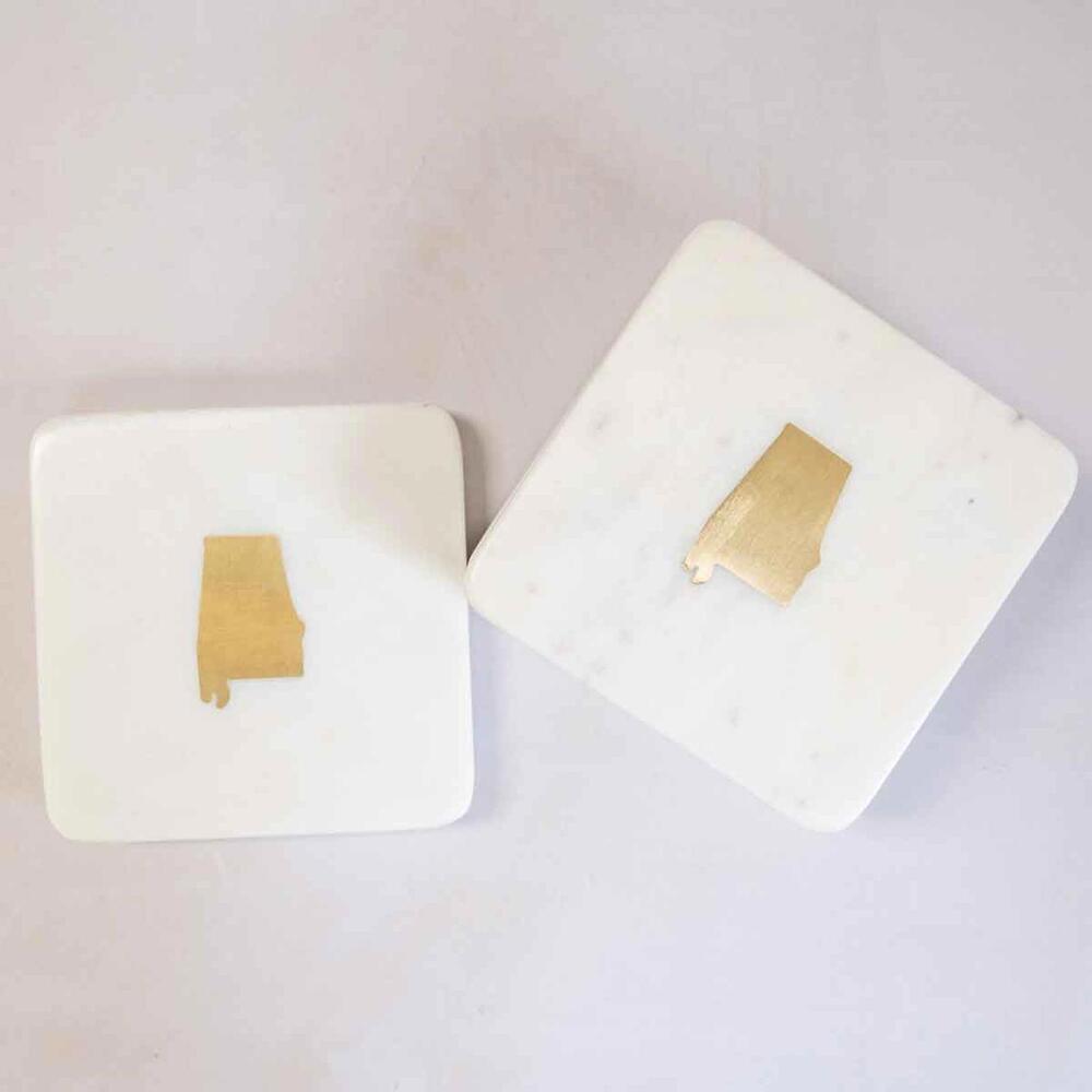 The Royal Standard Alabama Marble Coasters White/Brass 4x4 Set of 4 New